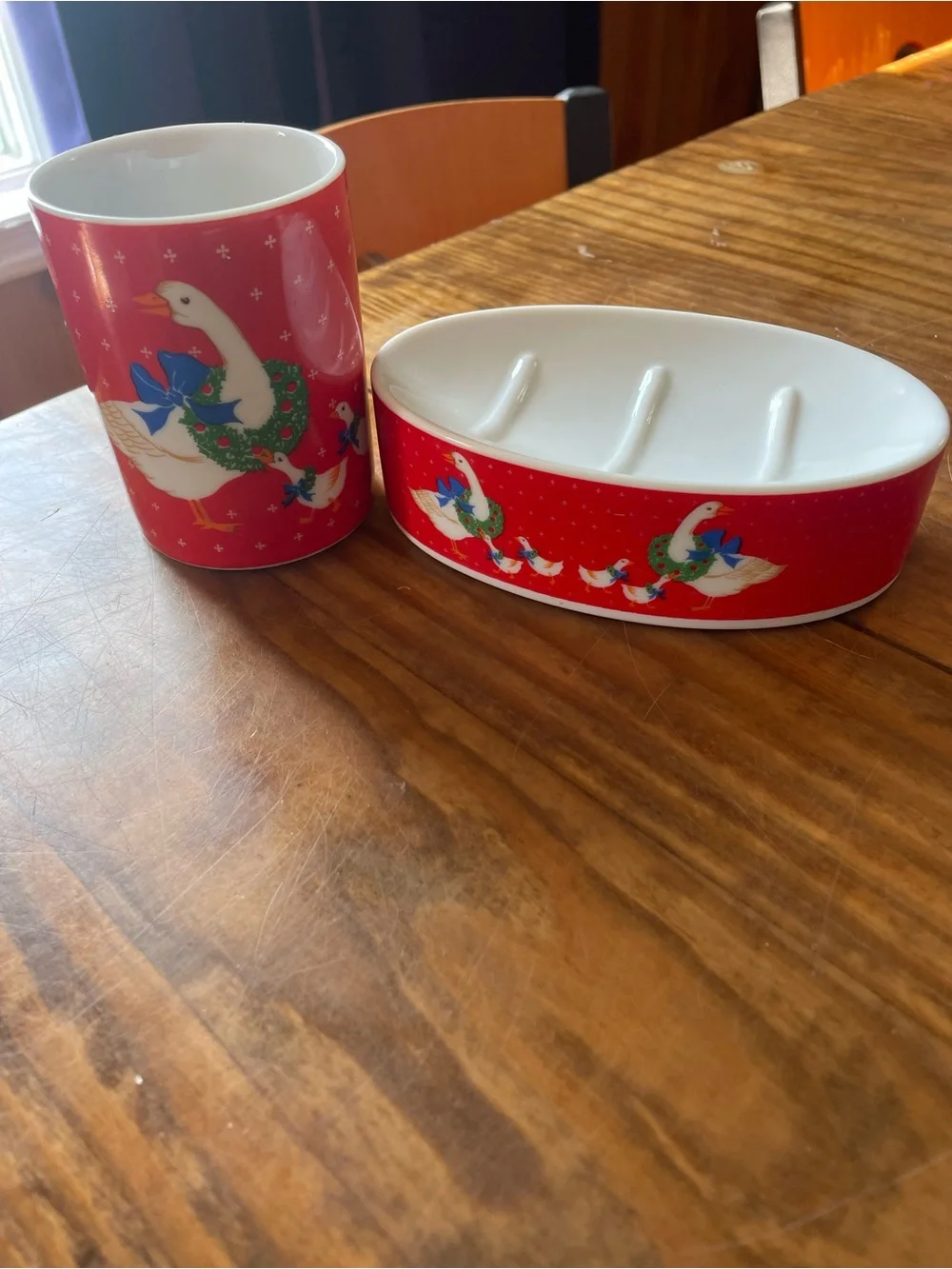 Vintage Christmas Geese Bathroom Soap Dish & Cup Set Holiday
